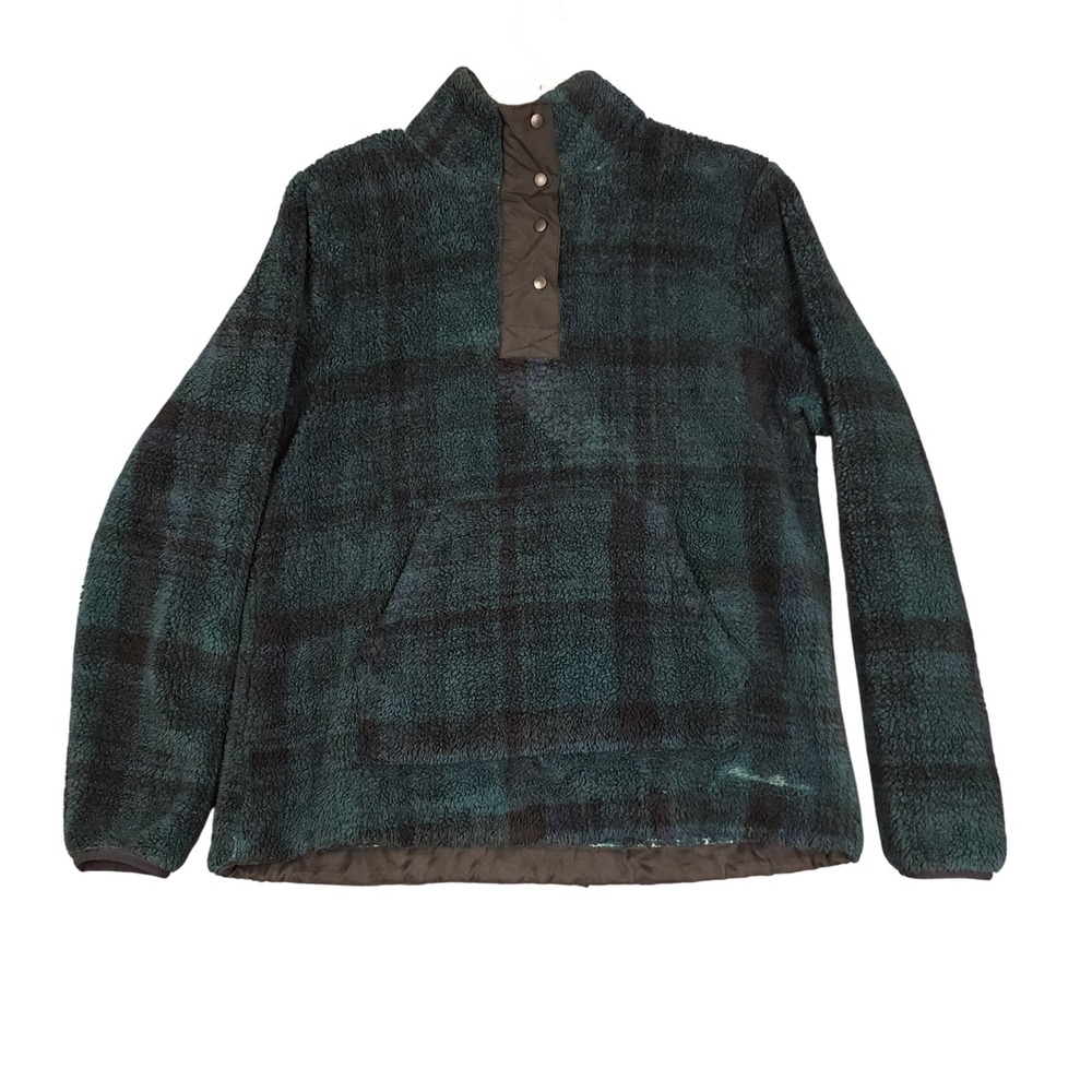 Eddie Bauer Plaid Fleece Snap Neck Pullover Top M/M Green Black Cozy